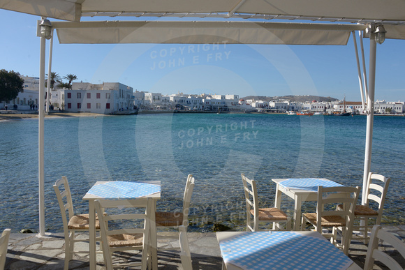 Mykonos harbour & seafront, from restaurant veranda